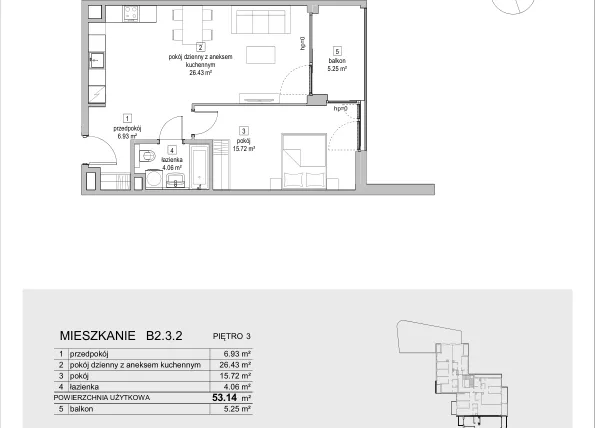 Rzut - Mieszkanie na sprzedaż 2 pokoje o powierzchni 53,14 m² - numer B2.3.2 w ATAL Symbioza IB