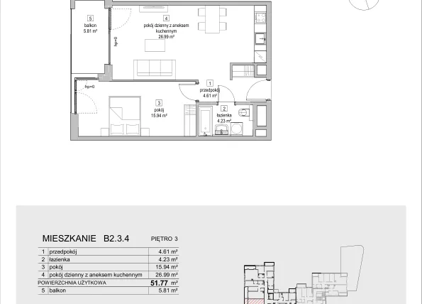 Rzut - Mieszkanie na sprzedaż 2 pokoje o powierzchni 51,77 m² - numer B2.3.4 w ATAL Symbioza IB