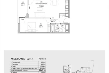 Rzut - Mieszkanie na sprzedaż 2 pokoje o powierzchni 51,47 m² - numer B2.4.4 w ATAL Symbioza IB