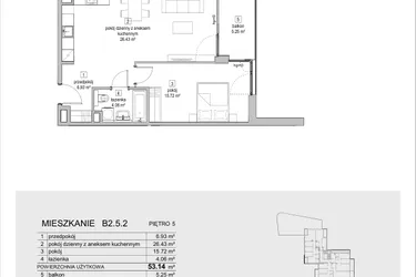 Rzut - Mieszkanie na sprzedaż 2 pokoje o powierzchni 53,14 m² - numer B2.5.2 w ATAL Symbioza IB