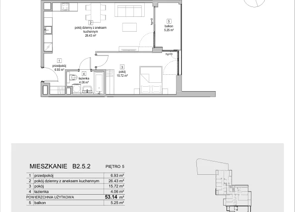 Rzut - Mieszkanie na sprzedaż 2 pokoje o powierzchni 53,14 m² - numer B2.5.2 w ATAL Symbioza IB