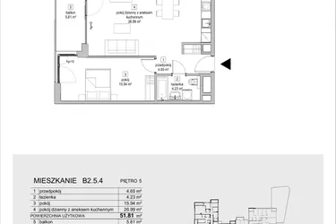 Rzut - Mieszkanie na sprzedaż 2 pokoje o powierzchni 51,81 m² - numer B2.5.4 w ATAL Symbioza IB