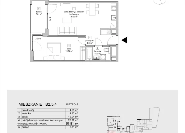 Rzut - Mieszkanie na sprzedaż 2 pokoje o powierzchni 51,81 m² - numer B2.5.4 w ATAL Symbioza IB