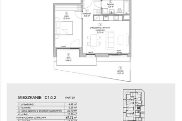 Rzut - Mieszkanie na sprzedaż 2 pokoje o powierzchni 47,72 m² - numer C1.0.2 w ATAL Symbioza IB