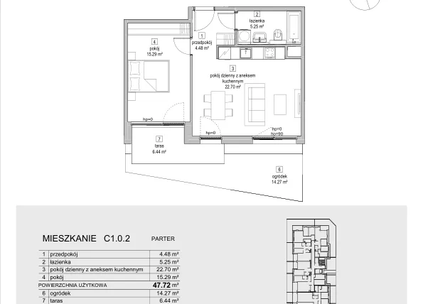 Rzut - Mieszkanie na sprzedaż 2 pokoje o powierzchni 47,72 m² - numer C1.0.2 w ATAL Symbioza IB