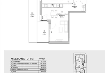 Rzut - Mieszkanie na sprzedaż 2 pokoje o powierzchni 55,05 m² - numer C1.0.3 w ATAL Symbioza IB