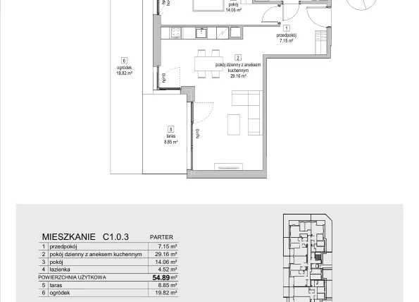 Rzut - Mieszkanie na sprzedaż 2 pokoje o powierzchni 55,05 m² - numer C1.0.3 w ATAL Symbioza IB