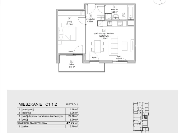 Rzut - Mieszkanie na sprzedaż 2 pokoje o powierzchni 47,72 m² - numer C1.1.2 w ATAL Symbioza IB