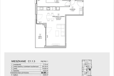 Rzut - Mieszkanie na sprzedaż 2 pokoje o powierzchni 55,05 m² - numer C1.1.3 w ATAL Symbioza IB