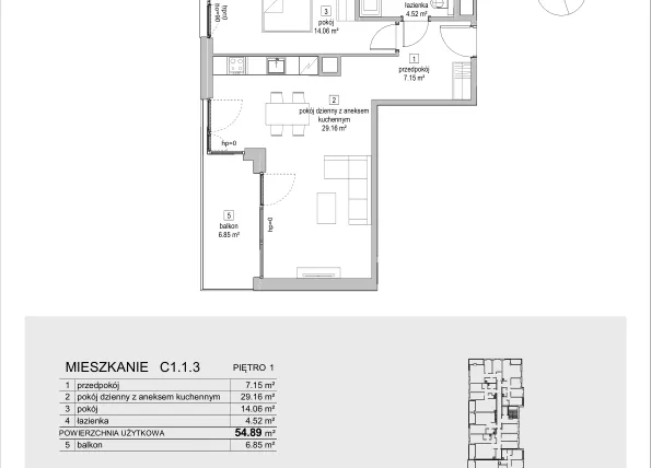 Rzut - Mieszkanie na sprzedaż 2 pokoje o powierzchni 55,05 m² - numer C1.1.3 w ATAL Symbioza IB