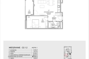 Rzut - Mieszkanie na sprzedaż 2 pokoje o powierzchni 47,11 m² - numer C2.1.2 w ATAL Symbioza IB