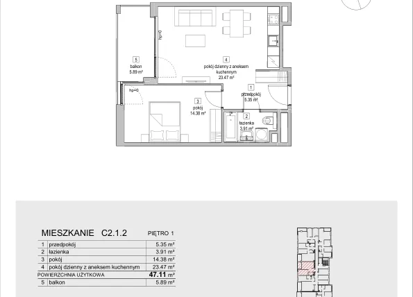 Rzut - Mieszkanie na sprzedaż 2 pokoje o powierzchni 47,11 m² - numer C2.1.2 w ATAL Symbioza IB