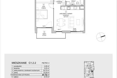 Rzut - Mieszkanie na sprzedaż 2 pokoje o powierzchni 47,72 m² - numer C1.2.2 w ATAL Symbioza IB