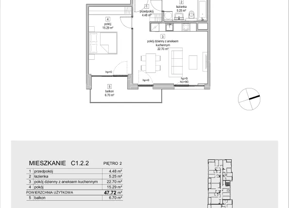 Rzut - Mieszkanie na sprzedaż 2 pokoje o powierzchni 47,72 m² - numer C1.2.2 w ATAL Symbioza IB