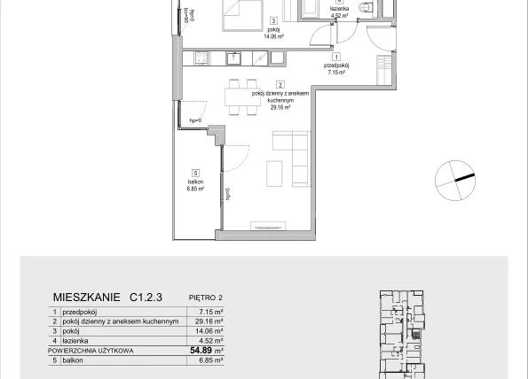 Rzut - Mieszkanie na sprzedaż 2 pokoje o powierzchni 55,05 m² - numer C1.2.3 w ATAL Symbioza IB