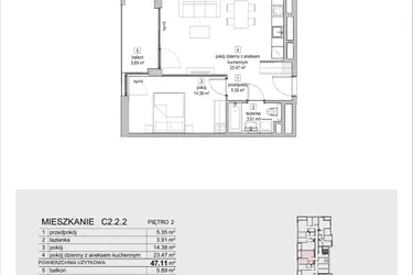 Rzut - Mieszkanie na sprzedaż 2 pokoje o powierzchni 47,11 m² - numer C2.2.2 w ATAL Symbioza IB