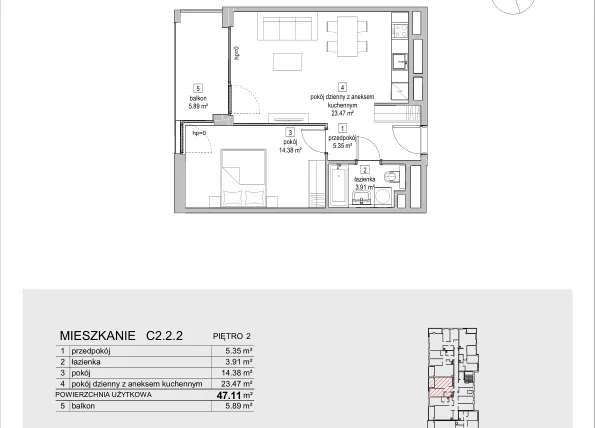 Rzut - Mieszkanie na sprzedaż 2 pokoje o powierzchni 47,11 m² - numer C2.2.2 w ATAL Symbioza IB