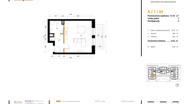 Rzut - Mieszkanie na sprzedaż 1 pokój o powierzchni 31,59 m² - numer A.1.04 w SPOT