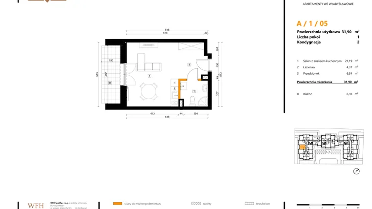 Rzut - Mieszkanie na sprzedaż 1 pokój o powierzchni 31,9 m² - numer A.1.05 w SPOT