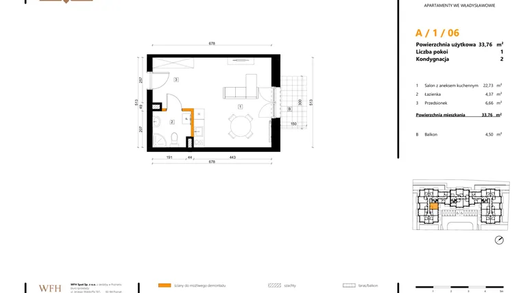 Rzut - Mieszkanie na sprzedaż 1 pokój o powierzchni 33,76 m² - numer A.1.06 w SPOT