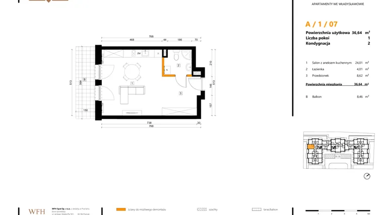 Rzut - Mieszkanie na sprzedaż 1 pokój o powierzchni 36,64 m² - numer A.1.07 w SPOT