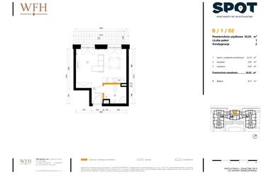 Rzut - Mieszkanie na sprzedaż 1 pokój o powierzchni 30,05 m² - numer B.1.02 w SPOT