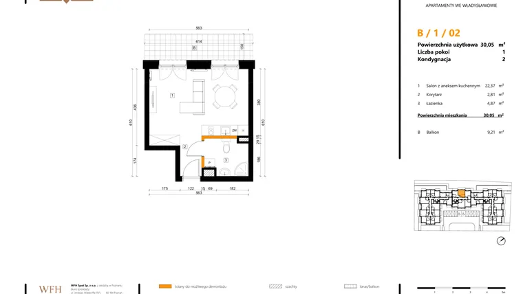 Rzut - Mieszkanie na sprzedaż 1 pokój o powierzchni 30,05 m² - numer B.1.02 w SPOT