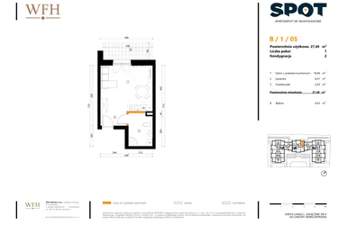 Rzut - Mieszkanie na sprzedaż 1 pokój o powierzchni 27,4 m² - numer B.1.05 w SPOT