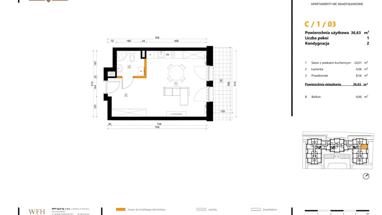 Rzut - Mieszkanie na sprzedaż 1 pokój o powierzchni 36,63 m² - numer C.1.03 w SPOT