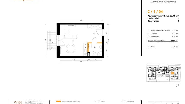 Rzut - Mieszkanie na sprzedaż 1 pokój o powierzchni 33,94 m² - numer C.1.04 w SPOT