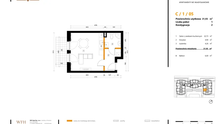 Rzut - Mieszkanie na sprzedaż 1 pokój o powierzchni 31,93 m² - numer C.1.05 w SPOT