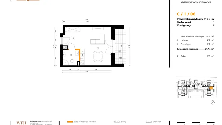 Rzut - Mieszkanie na sprzedaż 1 pokój o powierzchni 31,75 m² - numer C.1.06 w SPOT