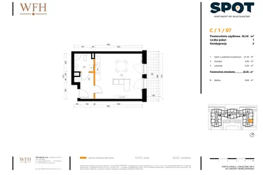 Rzut - Mieszkanie na sprzedaż 1 pokój o powierzchni 36,5 m² - numer C.1.07 w SPOT