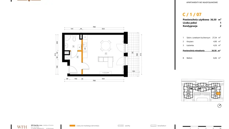 Rzut - Mieszkanie na sprzedaż 1 pokój o powierzchni 36,5 m² - numer C.1.07 w SPOT