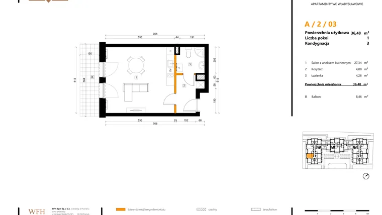 Rzut - Mieszkanie na sprzedaż 1 pokój o powierzchni 36,48 m² - numer A.2.03 w SPOT