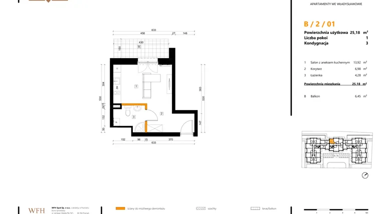 Rzut - Mieszkanie na sprzedaż 1 pokój o powierzchni 25,18 m² - numer B.2.01 w SPOT