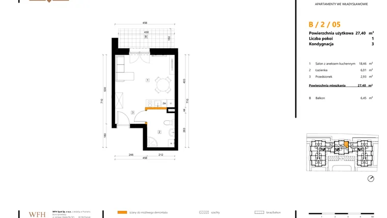 Rzut - Mieszkanie na sprzedaż 1 pokój o powierzchni 27,4 m² - numer B.2.05 w SPOT