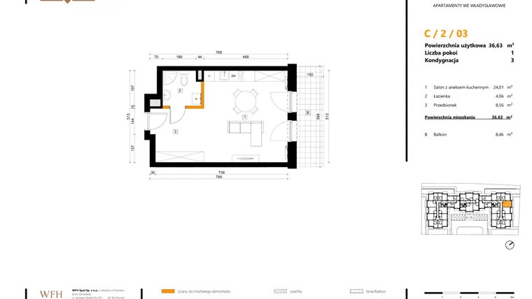 Rzut - Mieszkanie na sprzedaż 1 pokój o powierzchni 36,63 m² - numer C.2.03 w SPOT