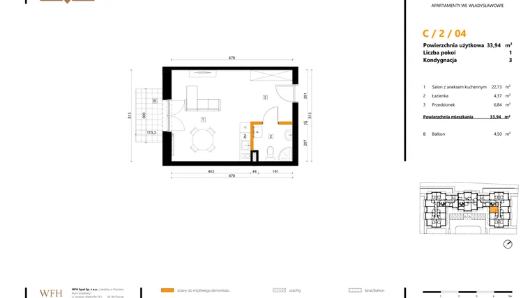 Rzut - Mieszkanie na sprzedaż 1 pokój o powierzchni 33,94 m² - numer C.2.04 w SPOT