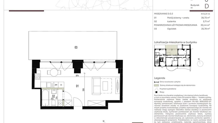 Rzut - Mieszkanie na sprzedaż 1 pokój o powierzchni 30,44 m² - numer D.0.2 w Nowa Stawowa