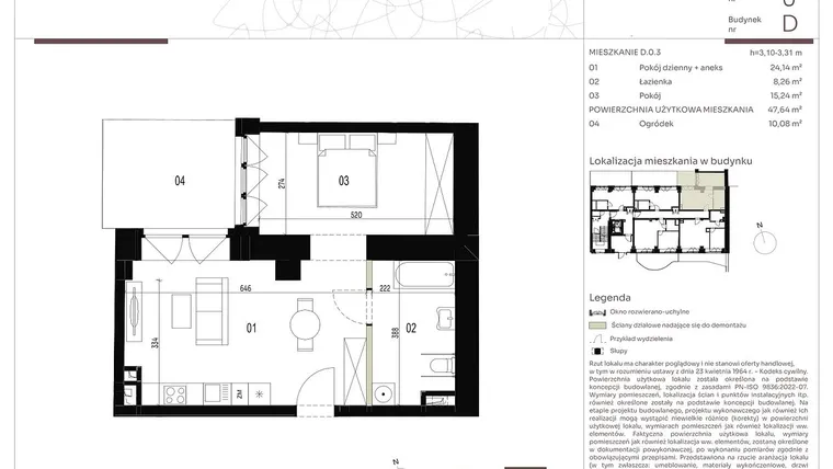 Rzut - Mieszkanie na sprzedaż 1 pokój o powierzchni 47,64 m² - numer D.0.3 w Nowa Stawowa