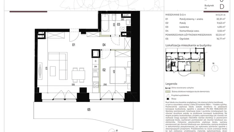 Rzut - Mieszkanie na sprzedaż 2 pokoje o powierzchni 52,34 m² - numer D.0.4 w Nowa Stawowa