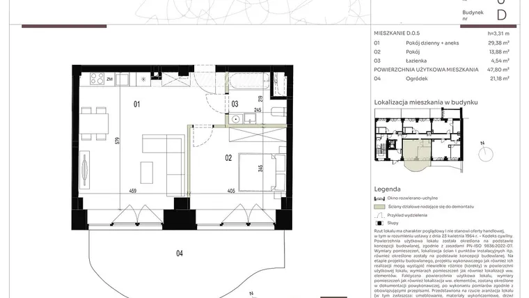 Rzut - Mieszkanie na sprzedaż 2 pokoje o powierzchni 47,69 m² - numer D.0.5 w Nowa Stawowa