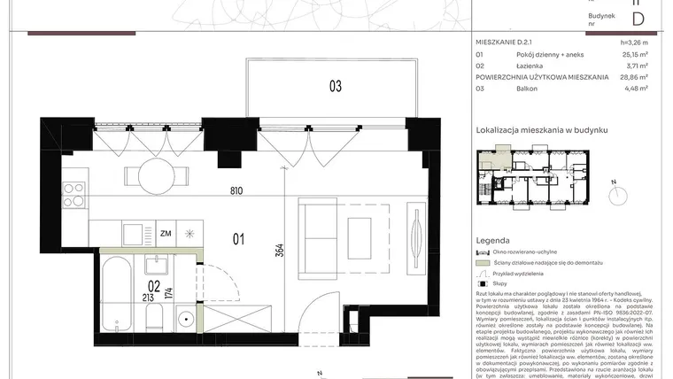 Rzut - Mieszkanie na sprzedaż 1 pokój o powierzchni 28,86 m² - numer D.2.1 w Nowa Stawowa