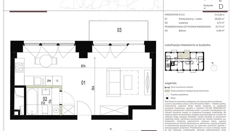 Rzut - Mieszkanie na sprzedaż 1 pokój o powierzchni 31,77 m² - numer D.2.2 w Nowa Stawowa