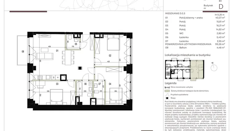 Rzut - Mieszkanie na sprzedaż 4 pokoje o powierzchni 99,26 m² - numer D.2.3 w Nowa Stawowa