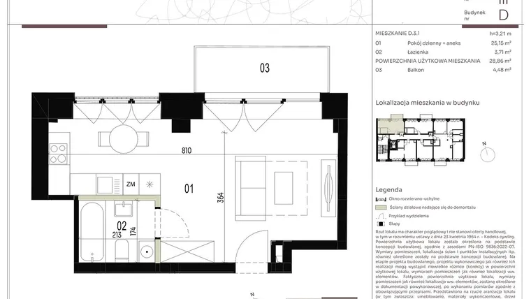 Rzut - Mieszkanie na sprzedaż 1 pokój o powierzchni 28,86 m² - numer D.3.1 w Nowa Stawowa