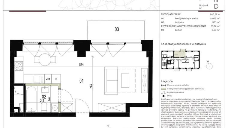 Rzut - Mieszkanie na sprzedaż 1 pokój o powierzchni 31,77 m² - numer D.3.2 w Nowa Stawowa