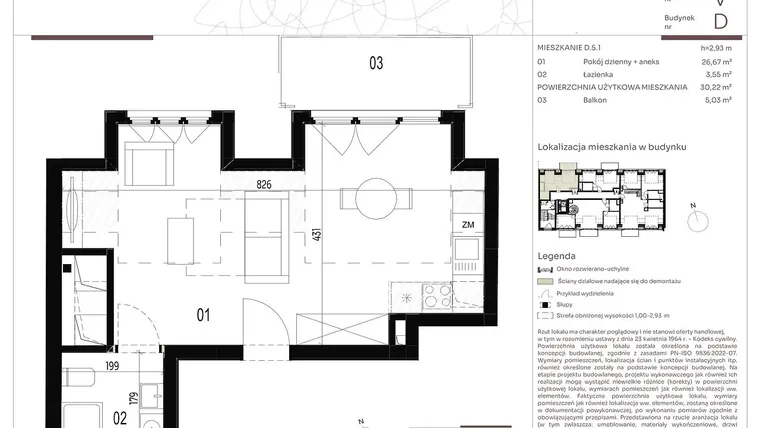 Rzut - Mieszkanie na sprzedaż 1 pokój o powierzchni 30,22 m² - numer D.5.1 w Nowa Stawowa
