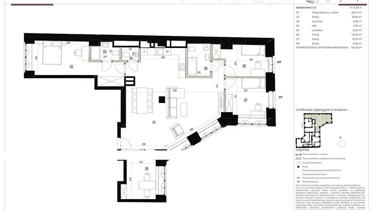 Rzut - Mieszkanie na sprzedaż 5 pokoi o powierzchni 116,79 m² - numer F.1.2 w Nowa Stawowa
